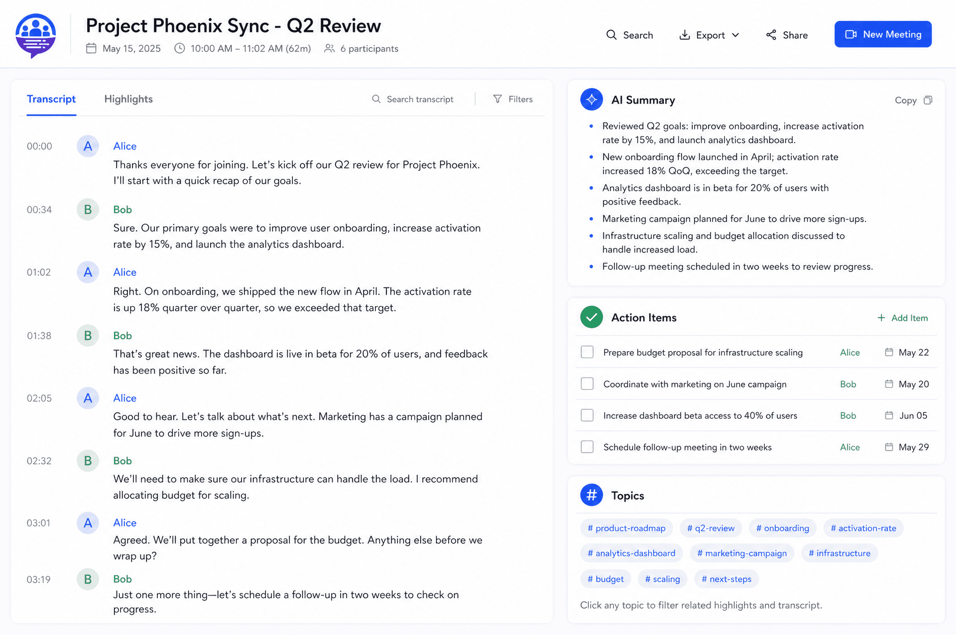 A detailed view of a meeting summary in TranscribeMeet, showing the full transcript, an AI-generated summary, and a list of action items.